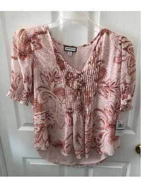 Size LP Large Petite Sam & Jess Paisley Terracotta Smocked Boho Top Brand New